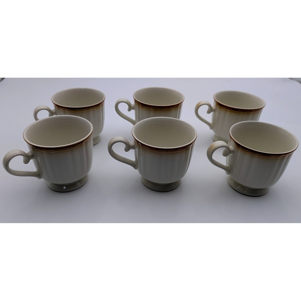 Manor House Japan KG000 Stoneware Coffee Cups Set of 6 Brown Trim Fluted Vintage